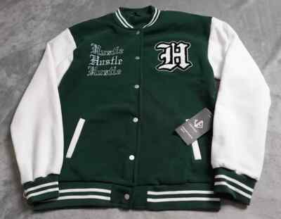 Urban Edge Hustle Logo Jacket Men's Medium Snap Button Green White Colorblock