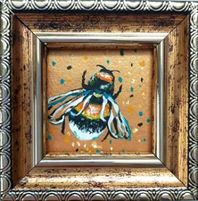 Original Painting Bumblebee Miniature Art Bee Artwork  Insects Gold Framed