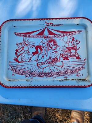 PAIR VTG LAVADA Circus Lap/Bed/TV TRAYS Folding Legs White+Red MERRY GO ROUND