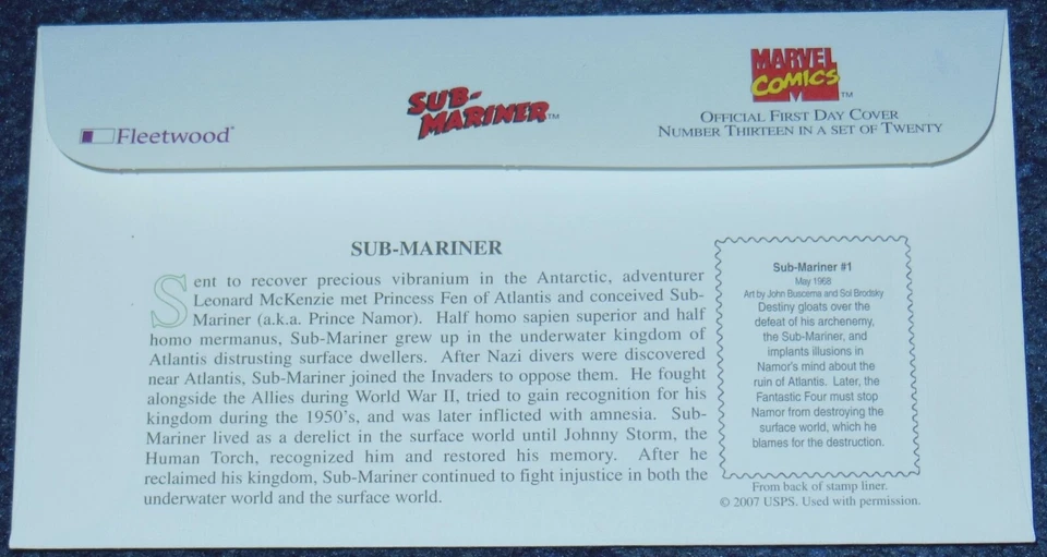 SELLO DEL PRIMER DÍA DE EMISIÓN DE MARVEL COMICS~FIRMADO STAN LEE~SUB-MARINER #1~2007~CERTIFICADO DE AUTENTICIDAD Foto 2 de 4