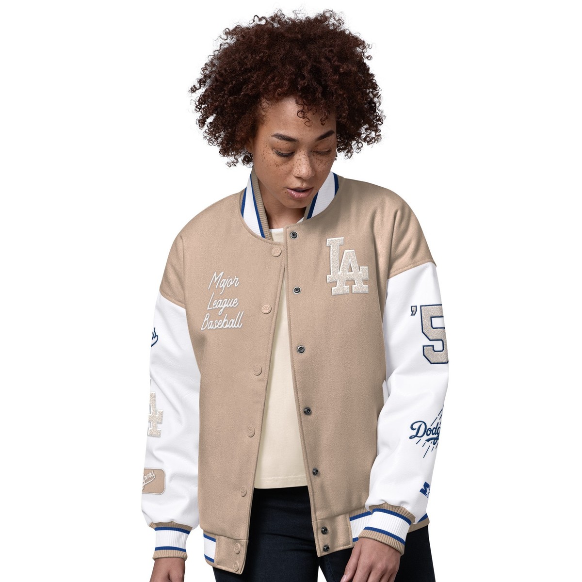 Women's Starter Sand Los Angeles Dodgers Free Ball Varsity Jacket