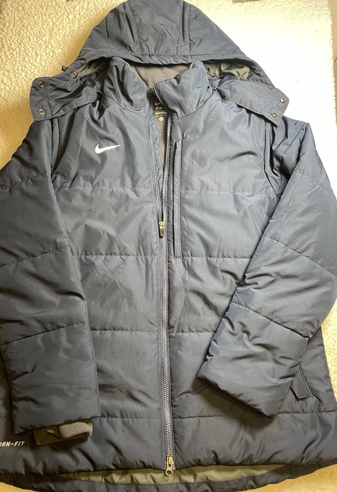 Nike Storm Fit Puffer Jacket Men’s L Blue Hooded Quilted Coat Embroidered Back