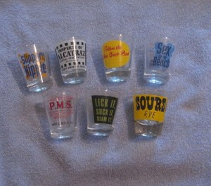 Shot Glass-Lot of  7-Novelty funny saying's SHOT GLASSES-2.25" TALL