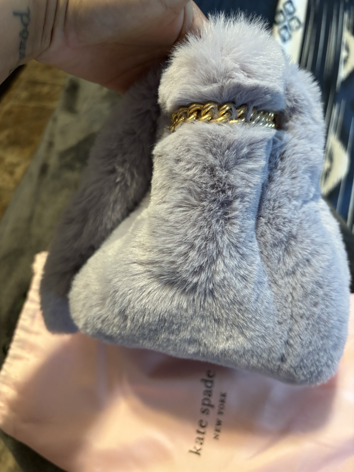LIMITED EDITION Kate Spade Fluffy Embellished Rabbit purple Faux Fur Small Bag image 9