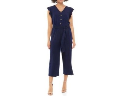 NWT AGB Women's Flutter Sleeve Solid Jumpsuit, Navy, Size Medium