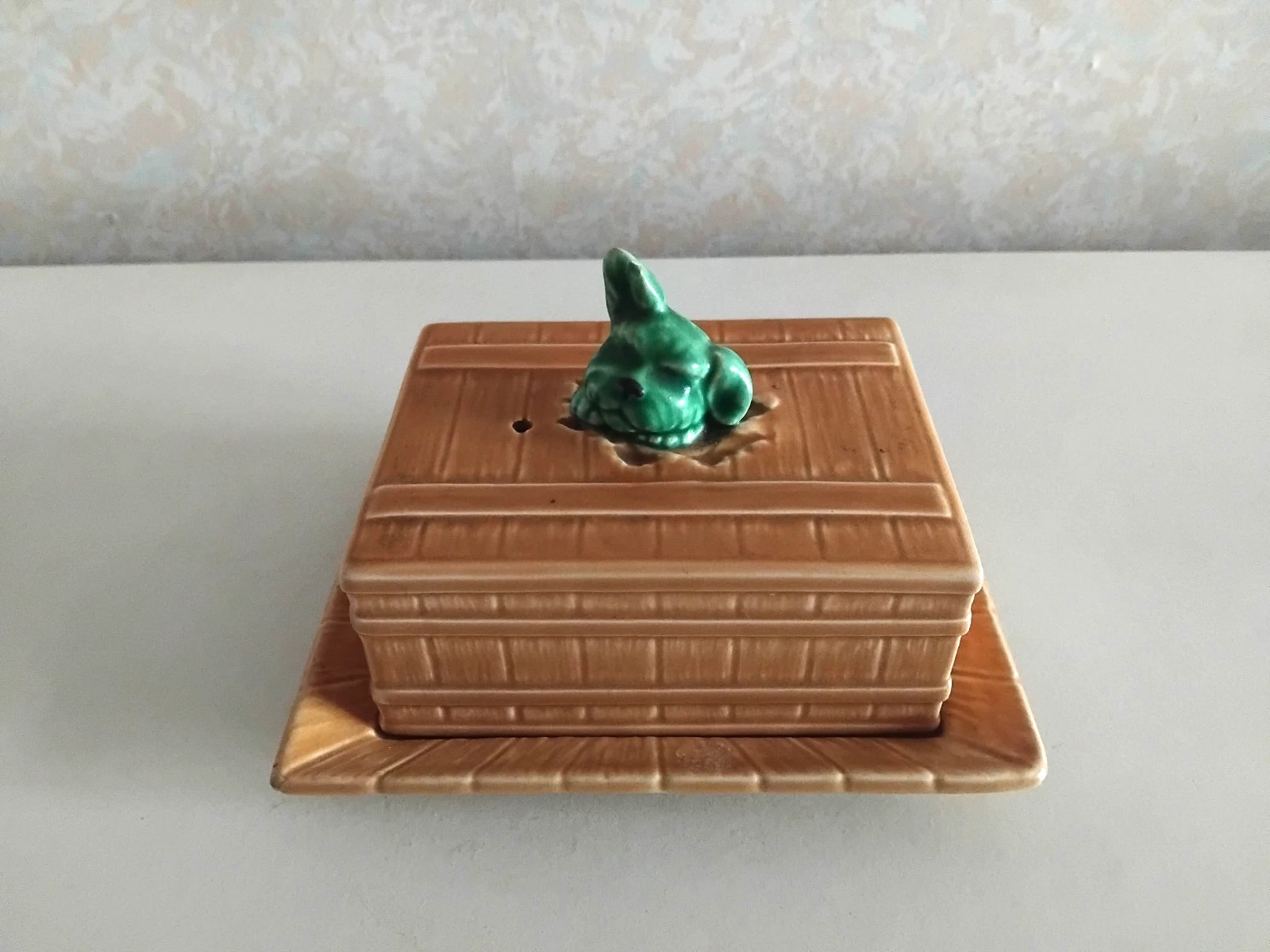 SylvaC Lidded Butter Dish 1850 Green Terrier Dog - Some damage to base