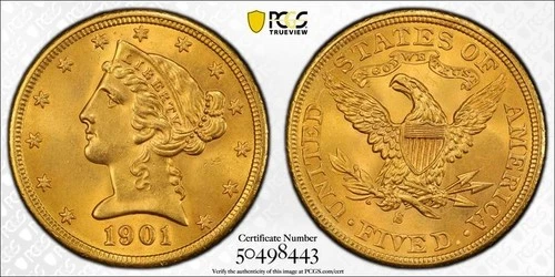 1901-S/S RPM FS-501  $5 Liberty Head Gold Coin PCGS MS 65 –Top Pop only 4 Higher