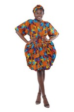 African Short Dress 100 Cotton Smocked Waist w/ Headwrap V Neck One Size