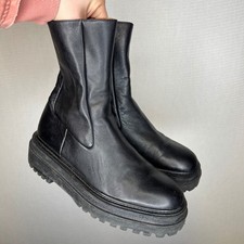 Zara Black Leather Lug Sole Ankle Boots Side ...