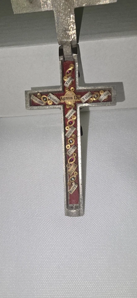 Антикварный католический никелевый крест из черного дерева реликвия 11 святых распятие 3,75 дюйма - Изображение 3 из 4