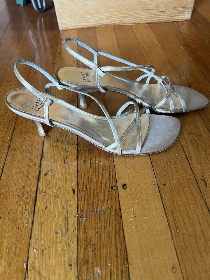 Stuart Weitzman винтажный y2k с ремешками золотой парчи котенок каблук сандалии размер 8 - Изображение 2 из 4