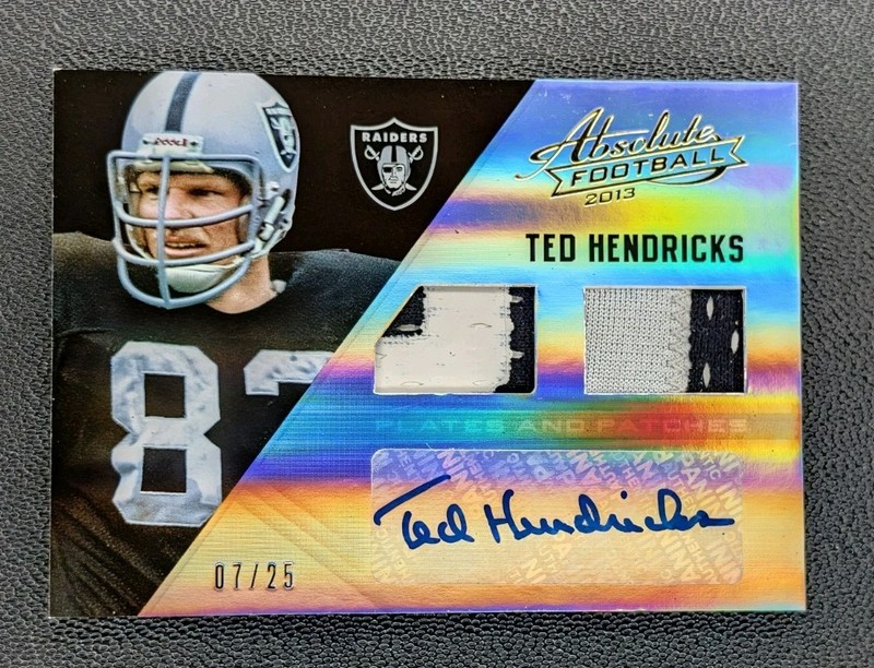 2013 TED HENDRICKS PANINI ABSOLUTE DUAL GAME USED PATCH AUTO /25 RAIDERS