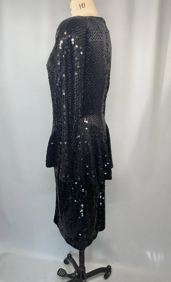 Vestido Vintage TALLA GRANDE 14 Negro Lentejuelas Peplum PARA 80s 90s Manga Larga Foto 4 de 4