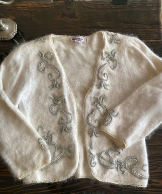 Anny Blatt Angora Wolle Strickjacke   Handarbeit flauschig Angora Bolero weiße Perlen