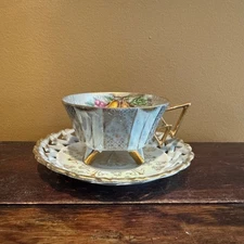 Vintage Footed Teacup and Saucer Set Japan Gold Accent Fruit Design