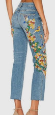 New Free People Embroidered Birds Floral Girlfriend Blue Cropped Jeans Size 25