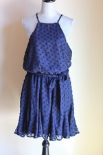 Classy SHE + SKY New Navy Blue Dress sz L Chiffon with Tufted Polka Dots