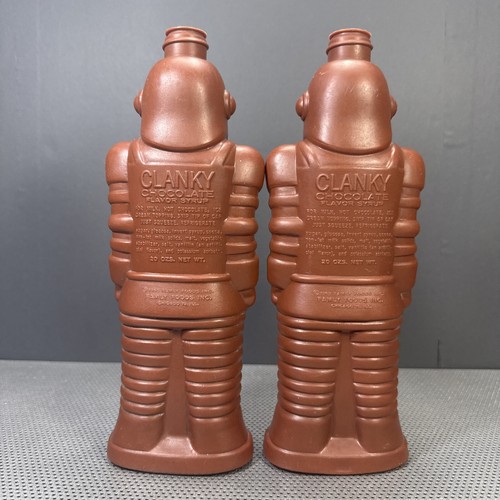 (2) Zwei Vintage 1963 Clanky Chocolate Flavored Sirup Roboter leere Flaschen - Bild 2 von 5