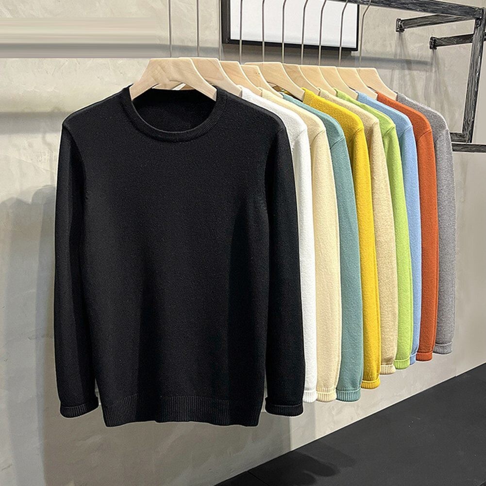 Solid Color Men's Knitted Pullover Sweater Crew Neck Top with Long