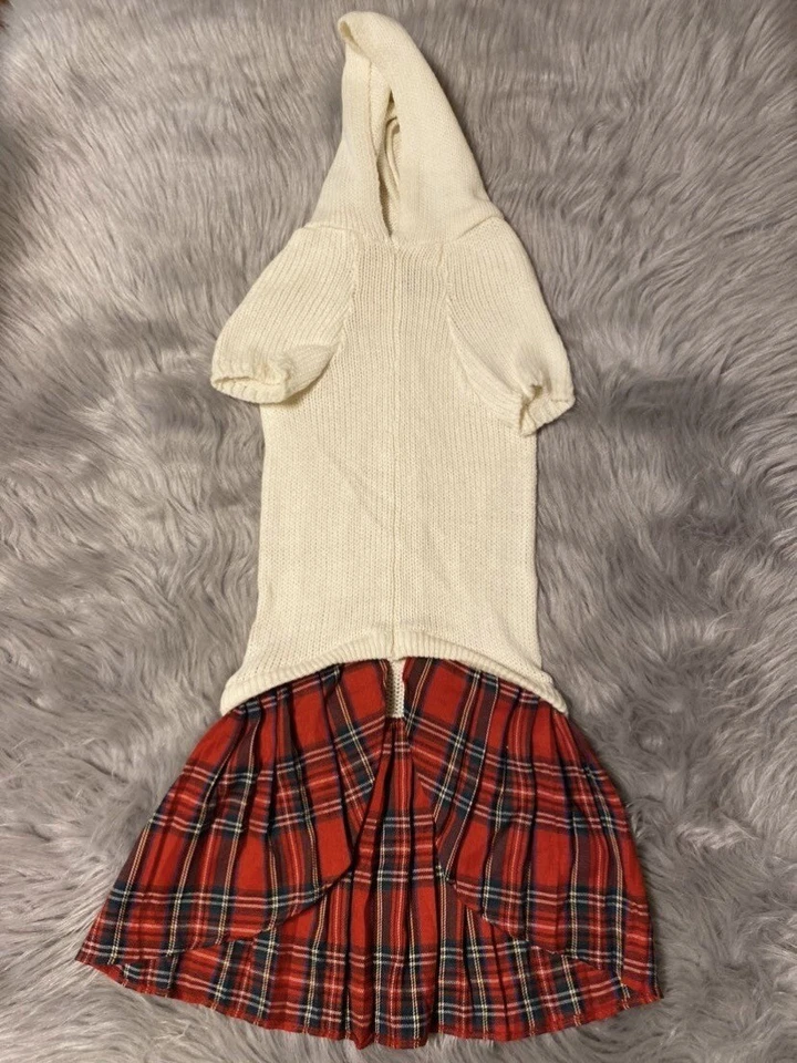 Casual Canine Dog Shirt Size XL White Sweater Red Plaid Skirt Hooded Dress - Image 4 of 4