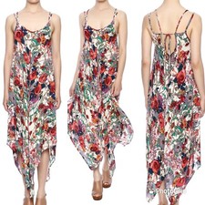BISHOP + YOUNG FLORAL MULTICOLOR FLOWY WATERFALL DRESS STRAPPY OPEN BACK SZ SMAL