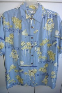 Kahala  Mens Large  Modern Palms Huts Outriggers & Floral on Blue Rayon/Nice