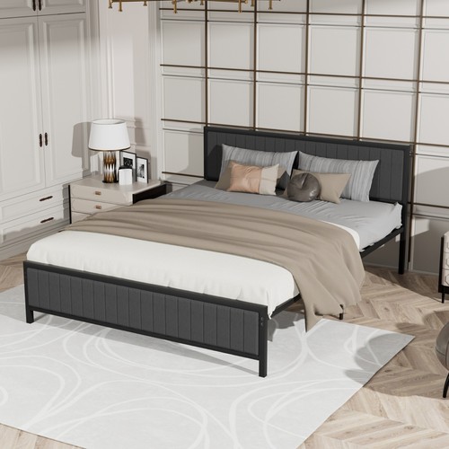 Upholstered Bed Frame Twin Full Queen Size Metal Slats Platform with Headboard - Picture 24 of 33