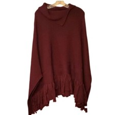 Poncho Coldwater Creek Mujer Merlot Borgoña Tejido Flecos Mezcla Lana Talla Única
