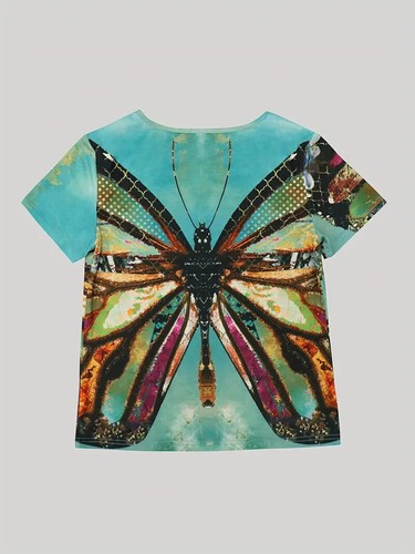 Butterfly Print Asymmetrical Neck T-Shirt Casual Short Sleeve T-Shirt Women New - 第 2/4 張圖片