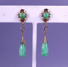 Vintage 14k Gold Apple Green Jade Drop Dangle Earrings Jewelry