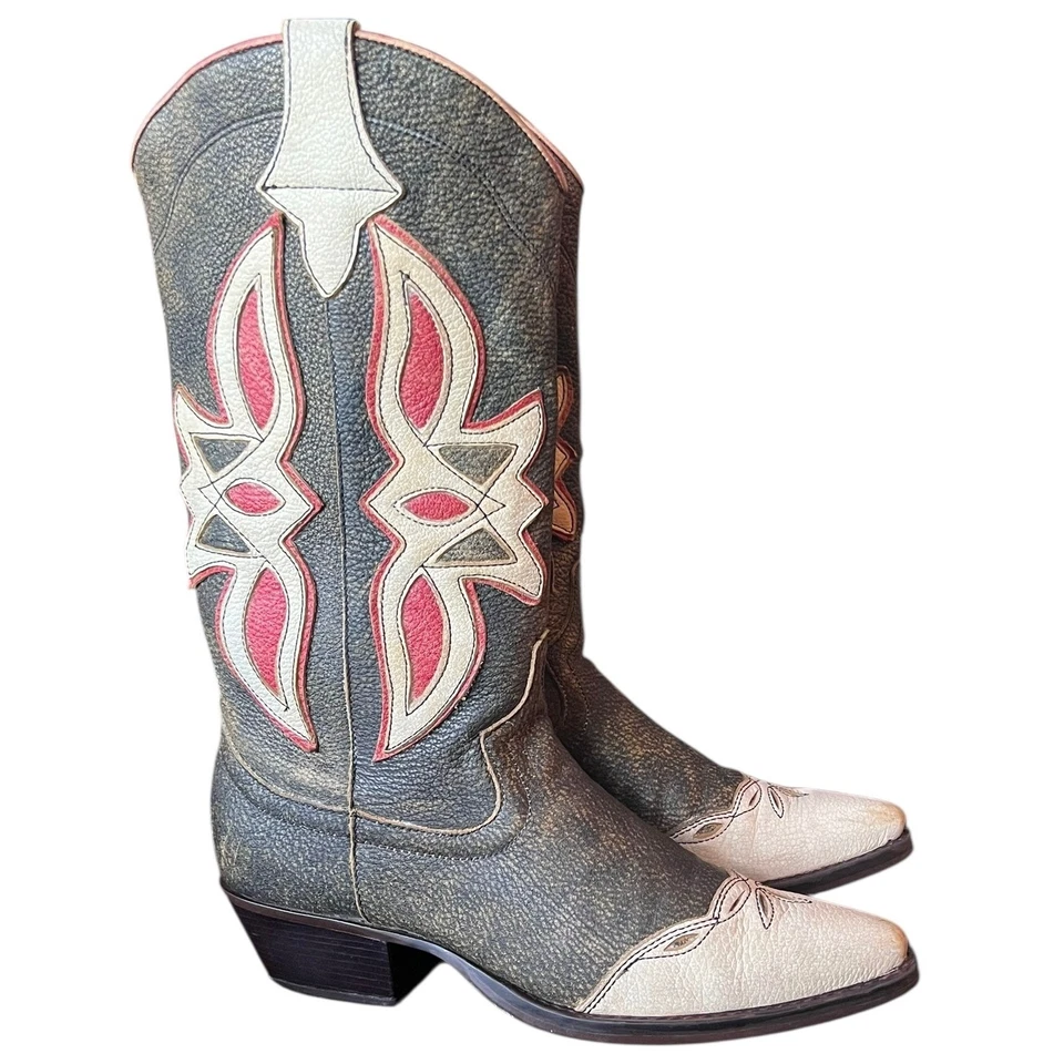 De Colección Botas de Vaquero Nine West Western Bordadas Marrón Tostado Crema Rojo Cuero Talla 8 Foto 2 de 4