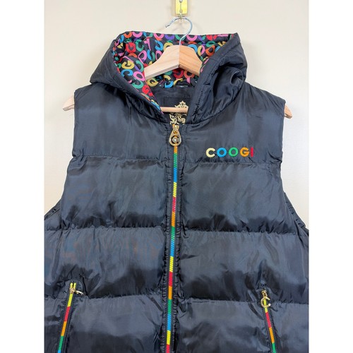 COOGI Hooded Puffer Vest Women XL Black Rainbow Zip Pockets Streetwear - Photo 2/7