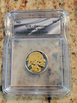 ICG Genuine 1927 Buffalo Nickel 5C Black Ruthenium & Gold Plated US Coin