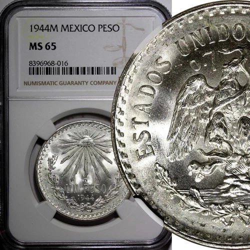 Mexico ESTADOS UNIDOS MEXICANOS Silver 1944 M 1 Peso NGC MS65 GEM BU KM# 455 (6)