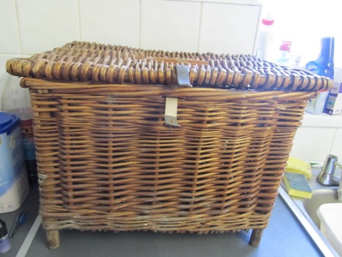 Vintage Wicker fishing basket seat ideal logs or shoes 48cms X 35cms X 33cms