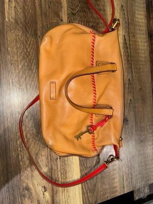 Fossil Julia Satchel Cashew Leather Red Whipstitch Crossbody Bag