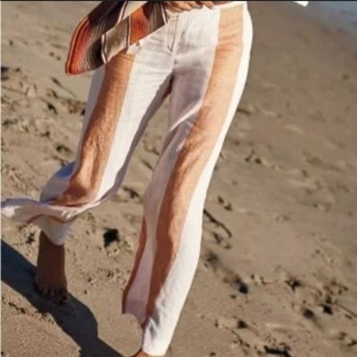 Anthropologie ett:twa Beige Striped Wide Leg Linen Trousers Size 8