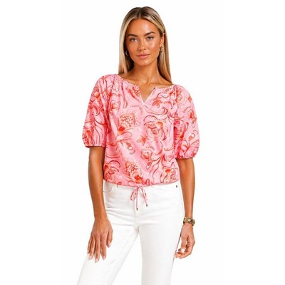 NWT Talbots Fresh Poplin Drawcord Hem Top Pink Jacobean Fantasia Floral S NEW