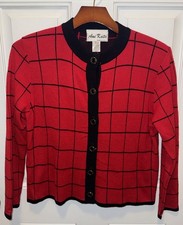 Vintage Ami Knits Womens LS Button Up Red Checkered Cardigan Sweater 14 USA Made
