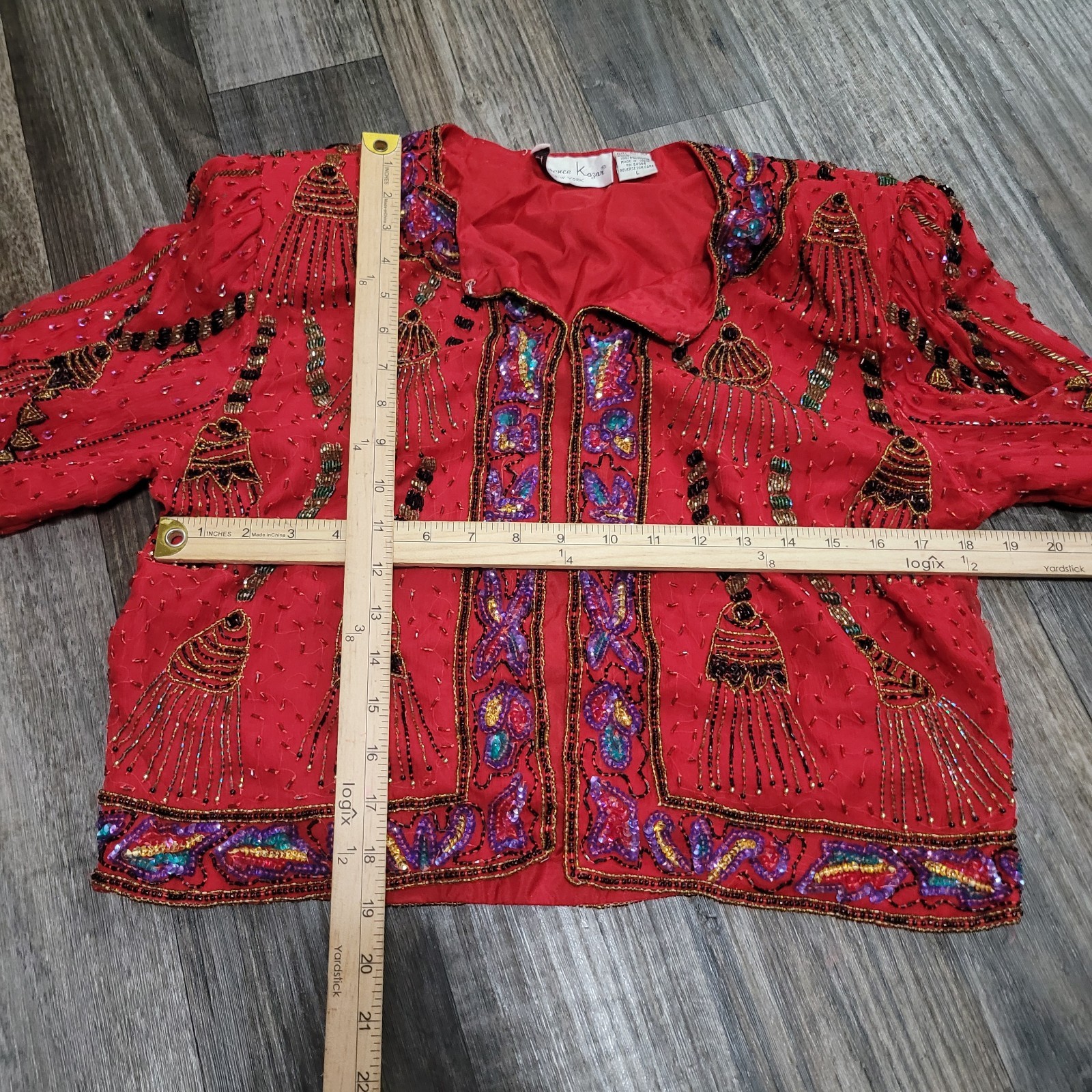 Vtg 80s 90s Laurence Kazar Silk Beaded Jacket Top Tassel Cord Evening Large