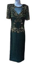 Vintage Laurence Kazar 100 Silk Emerald Green Gold Fully Beaded Evening Dress S