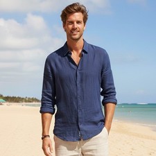 Vince Mens Linen Cotton Shirt Long Sleeve Casual Beach Coastal Nautical Blue XL