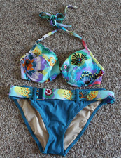 New Victoria's Secret 2 Piece Plunge Bikini Floral teal Blue with Belt 36C - M