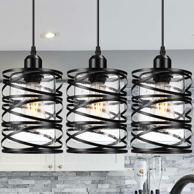 3 Pack Black Pendant Lights with Seeded Glass for Kitchen, Dining, Foyer