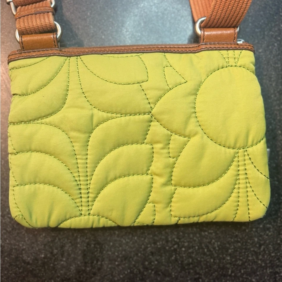 Fossil Key-Per Olive Green Quilted Floral Crossbody Bag with Polka Dot Lining - Image 2 of 4