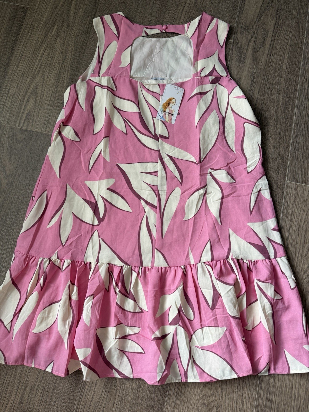 Women’s Pink White Floral Round Neck Shift Dress M Sleeveless Ruffle Hem