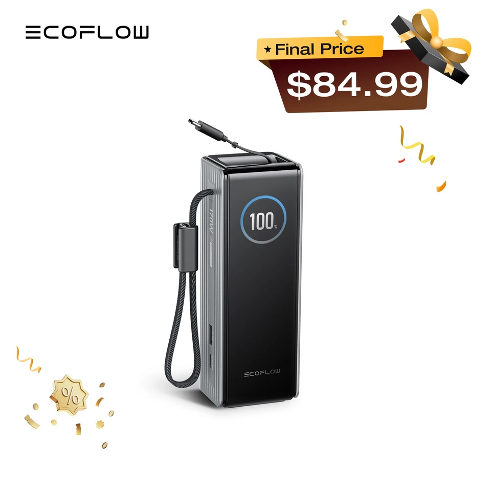 EcoFlow Rapid Power Bank 25000mAh 100W Built-in & Retractable Cables Compatible