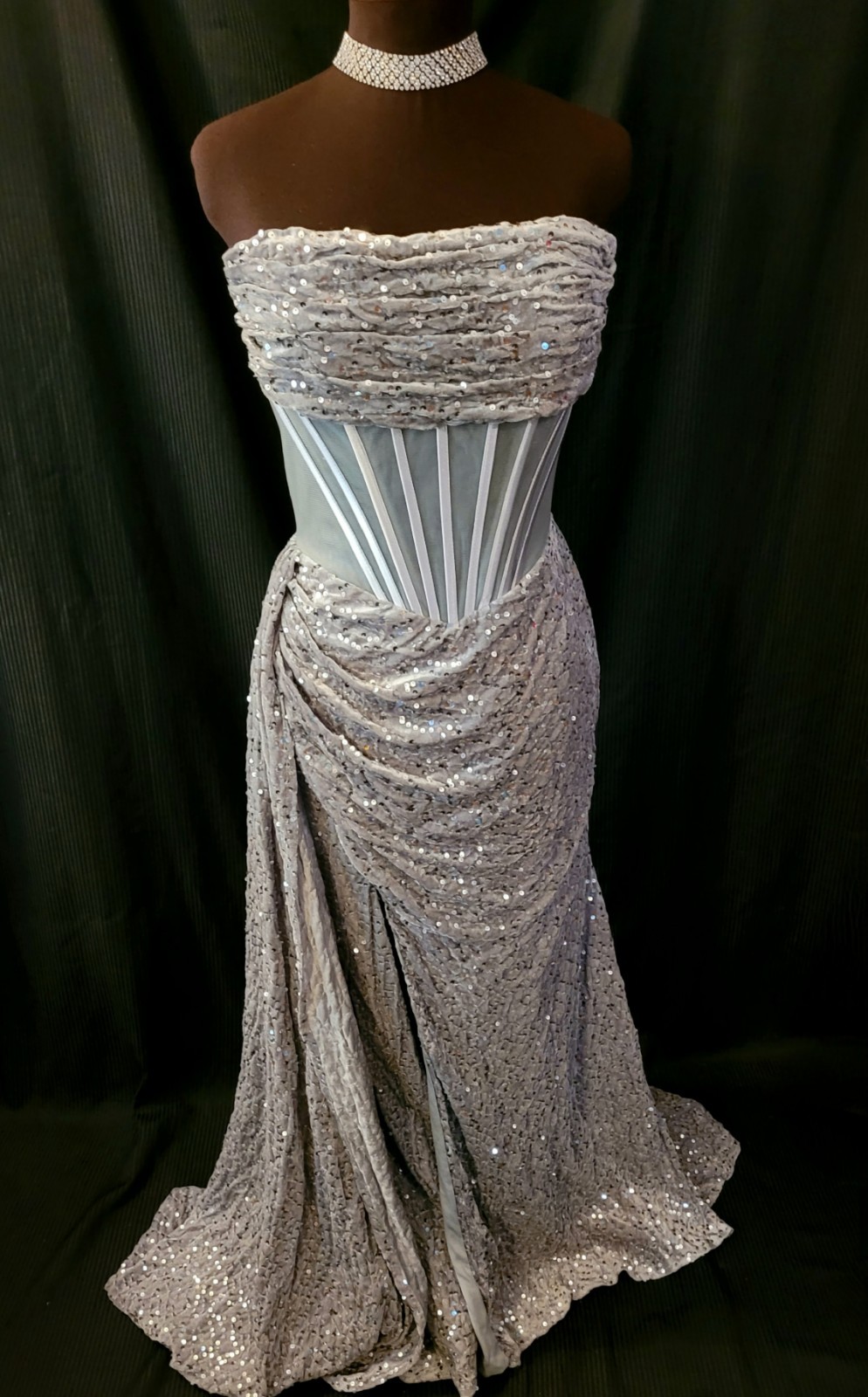 Women’s Silver Solid Sequin Strapless Corset Lace-Up Back Lined Maxi Dress Sz XS