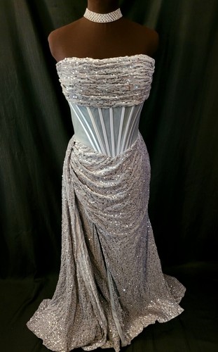 Women’s Silver Solid Sequin Strapless Corset Lace-Up Back Lined Maxi Dress Sz XS
