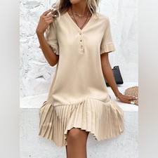 Shein Beige Tan Cream A Line Pleated Detail Casual Dress Small 4 (A4)